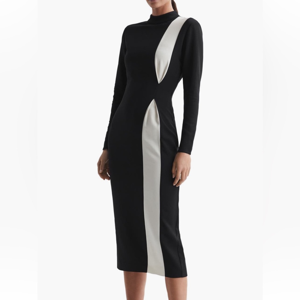 REISS. Millie contrast-stripe midi dress. Black/white. Size 4. NWT.